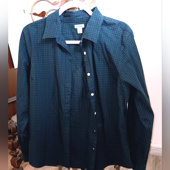 LL Bean Dark Blue Green Plaid Fitted Button Down Shirt Size L - Picture 1 of 6